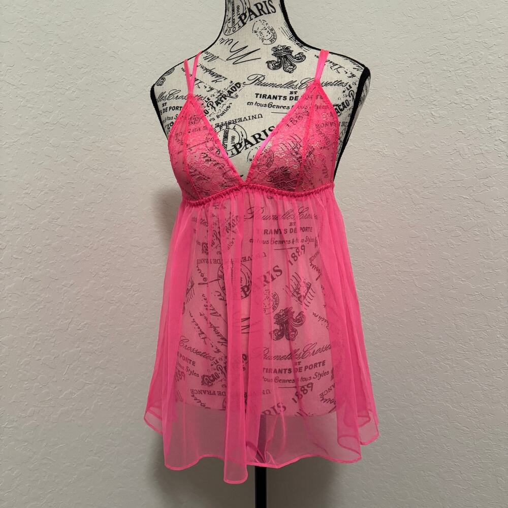 Victoria's Secret Womens Small Neon Hot Pink Eyelash Lace Mesh Babydoll Chemise